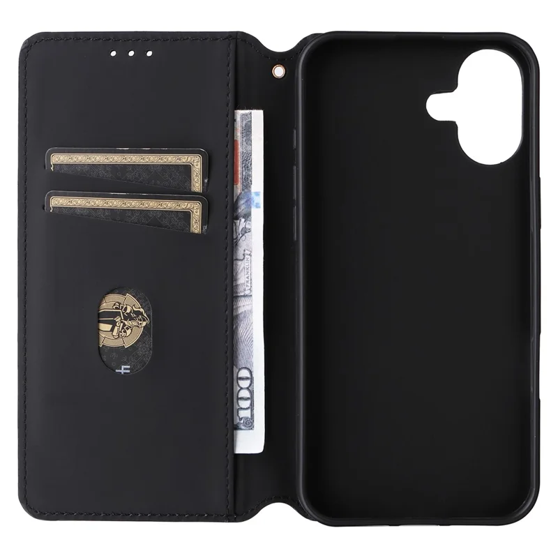 For iPhone 16 Plus Wallet Case Rhombus Imprinted Leather Phone Cover - Black