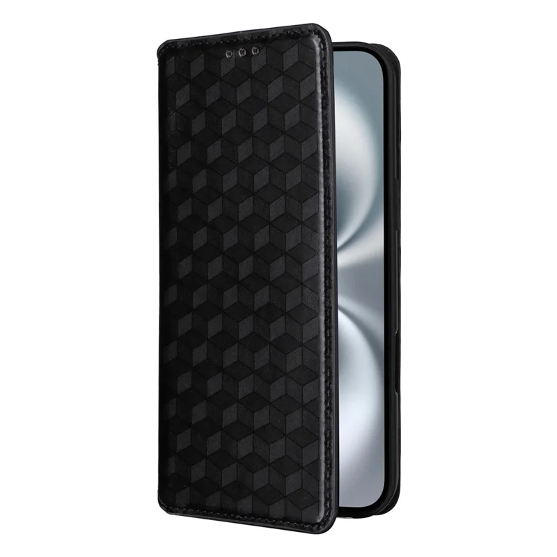 For iPhone 16 Plus Wallet Case Rhombus Imprinted Leather Phone Cover - Black