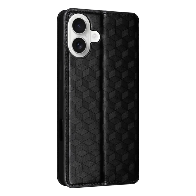For iPhone 16 Plus Wallet Case Rhombus Imprinted Leather Phone Cover - Black