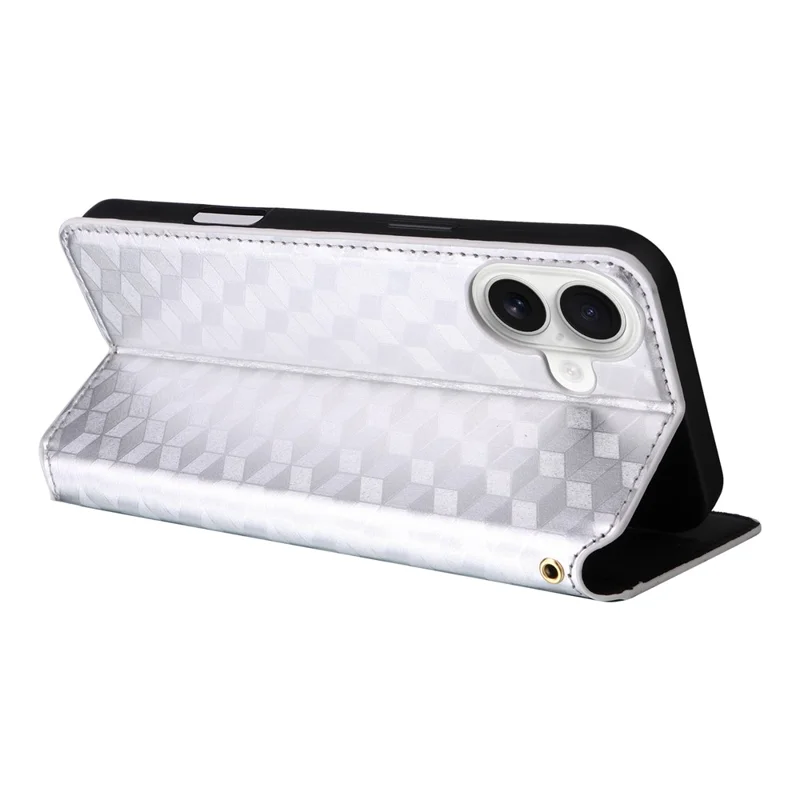 For iPhone 16 Plus Wallet Case Rhombus Imprinted Leather Phone Cover - Silver