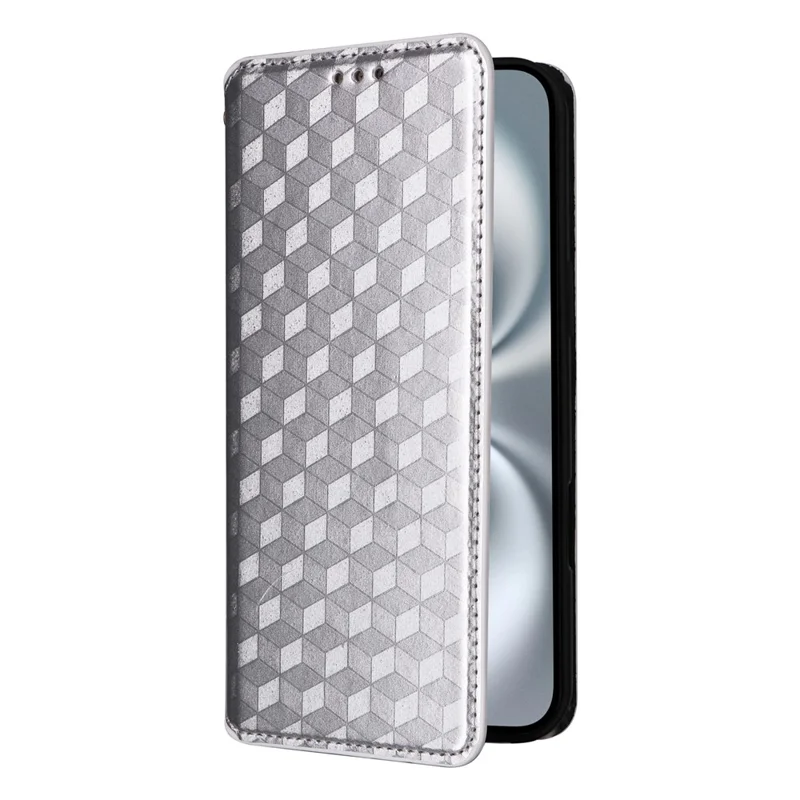 For iPhone 16 Plus Wallet Case Rhombus Imprinted Leather Phone Cover - Silver