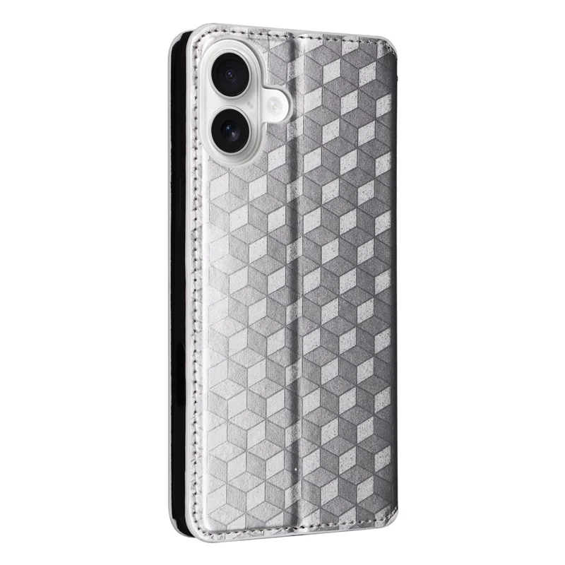 For iPhone 16 Plus Wallet Case Rhombus Imprinted Leather Phone Cover - Silver