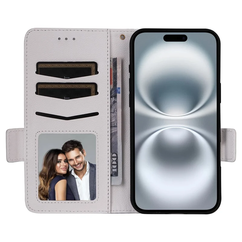 For iPhone 16 Plus Case with Wrist Strap Litchi Texture PU Leather Wallet Phone Cover - White