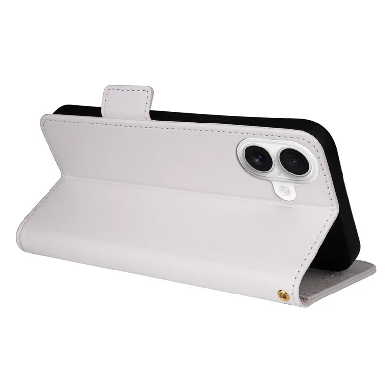 For iPhone 16 Plus Case with Wrist Strap Litchi Texture PU Leather Wallet Phone Cover - White
