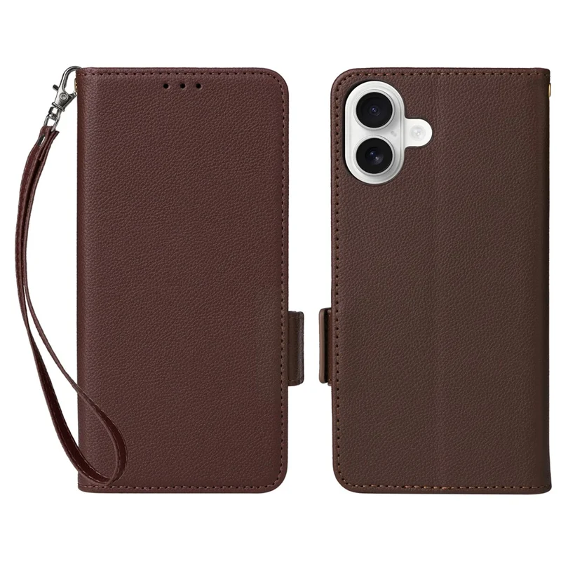 For iPhone 16 Case with Wrist Strap Litchi Texture PU Leather Wallet Phone Cover - Brown