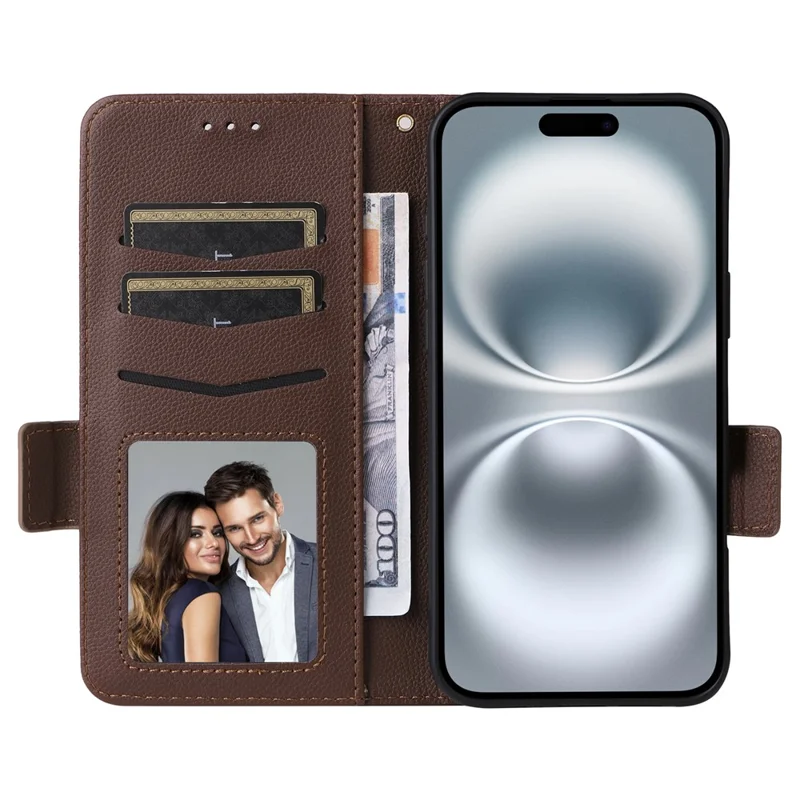 For iPhone 16 Case with Wrist Strap Litchi Texture PU Leather Wallet Phone Cover - Brown