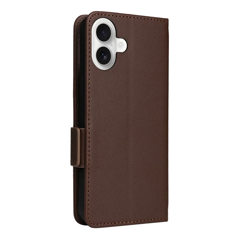 For iPhone 16 Case with Wrist Strap Litchi Texture PU Leather Wallet Phone Cover - Brown