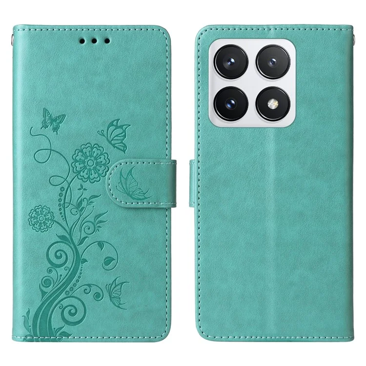 Для Xiaomi 14t Pro Ceather Case Butterfly Floral Imprint Cover Cover Cover - Зеленый
