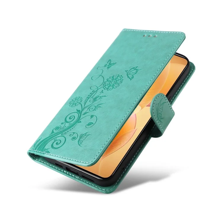 Для Xiaomi 14t Pro Ceather Case Butterfly Floral Imprint Cover Cover Cover - Зеленый