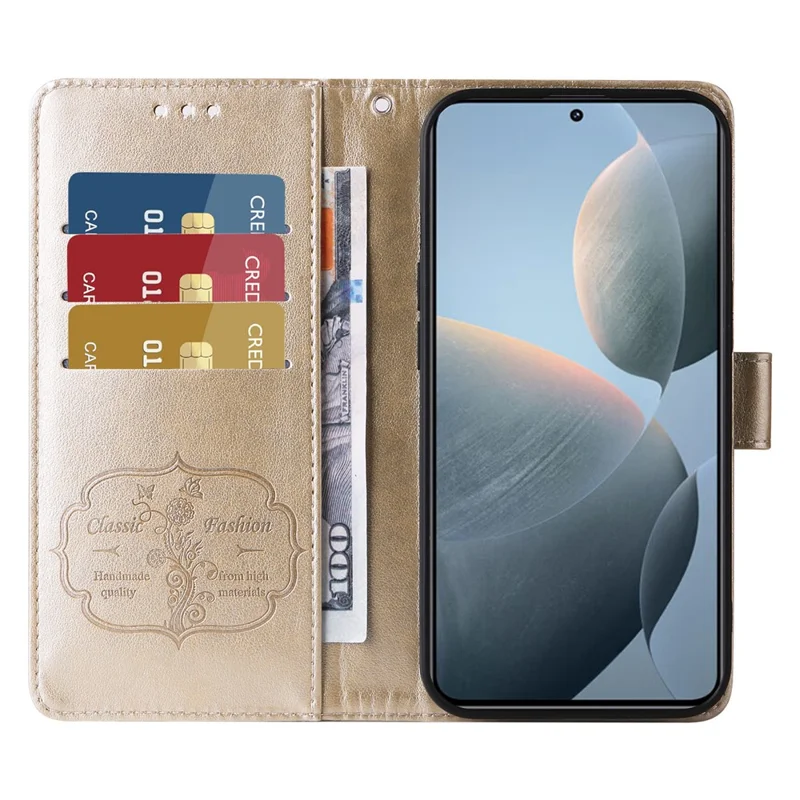 Para Xiaomi 14T Leather Case Butterfly Floral Imprint Wallet Stand Cover - Gold