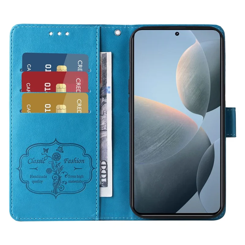 For Xiaomi 14T Leather Case Butterfly Floral Imprint Wallet Stand Cover - Blue