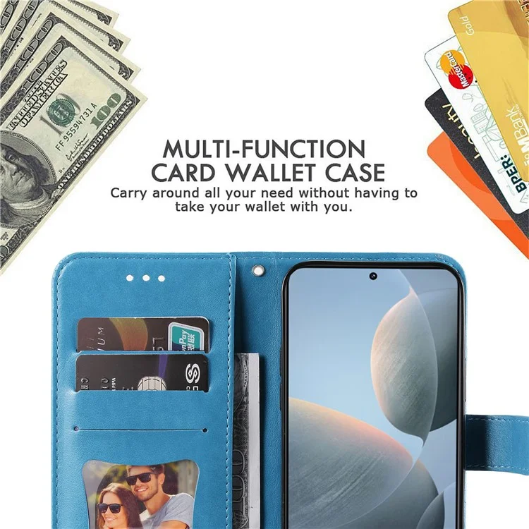 For Xiaomi 14T Case Floral Pattern PU Leather Wallet Stand Phone Cover - Blue
