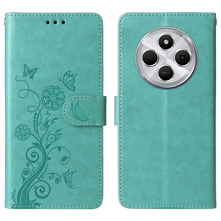 Para Xiaomi Poco C75 4G / Redmi 14R 5G / 14C 4G Capa de Couro Impressão de Borboleta e Floral Carteira Suporte - Verde