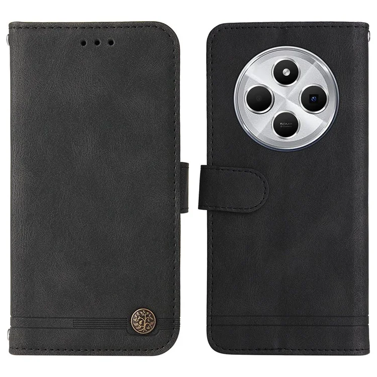 Para Xiaomi Poco C75 4G / Redmi 14R 5G / 14C 4G Carteira Case Skin-Touch Leather Phone Cover Árvore Padrão Hardware - Preto