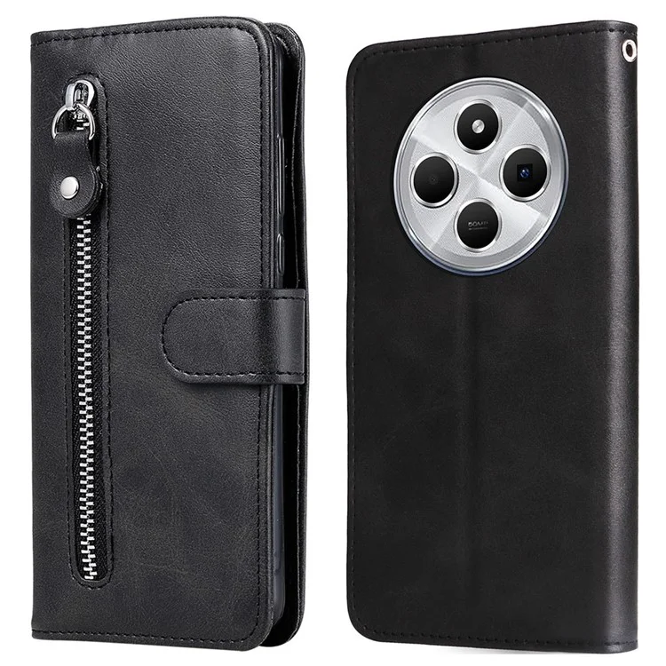 Para Xiaomi Poco C75 4G / Redmi 14R 5G / 14C 4G Capa de Carteira com Zíper Textura de Bezerro PU Leather Phone Cover - Preto