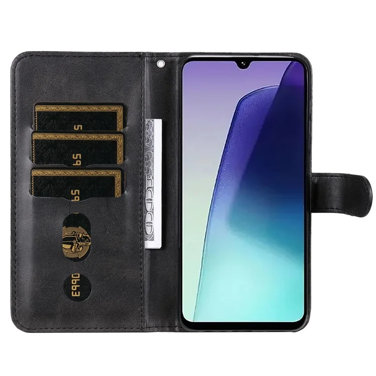 Para Xiaomi Poco C75 4G / Redmi 14R 5G / 14C 4G Capa de Carteira com Zíper Textura de Bezerro PU Leather Phone Cover - Preto