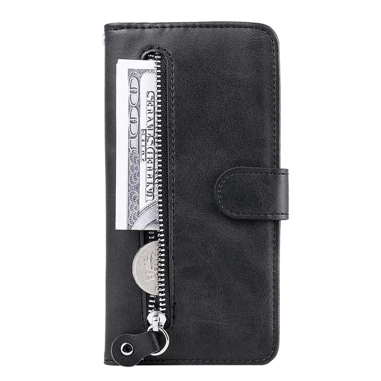 Para Xiaomi Poco C75 4G / Redmi 14R 5G / 14C 4G Capa de Carteira com Zíper Textura de Bezerro PU Leather Phone Cover - Preto