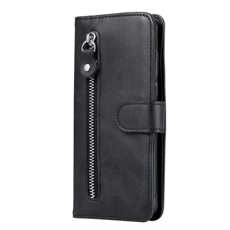 Para Xiaomi Poco C75 4G / Redmi 14R 5G / 14C 4G Capa de Carteira com Zíper Textura de Bezerro PU Leather Phone Cover - Preto