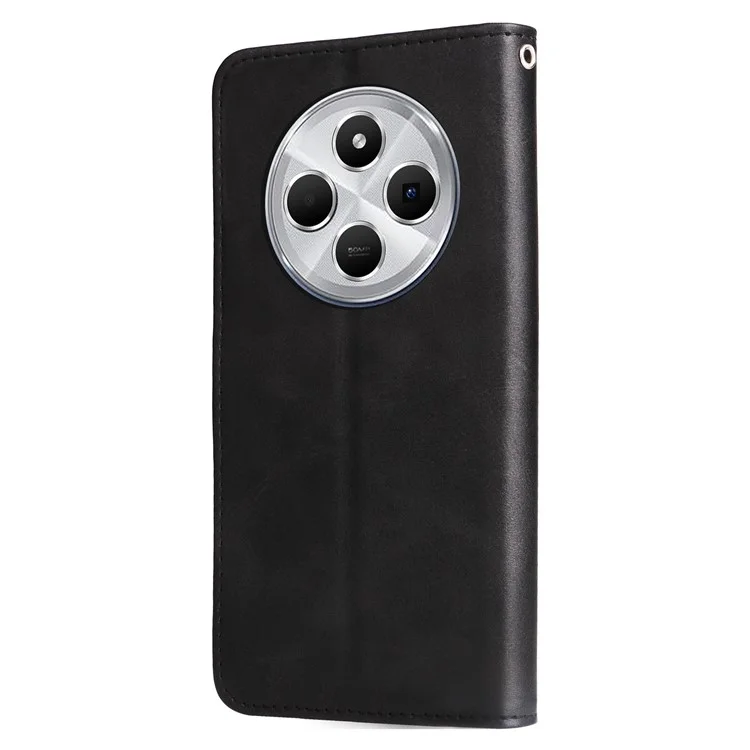 Para Xiaomi Poco C75 4G / Redmi 14R 5G / 14C 4G Capa de Carteira com Zíper Textura de Bezerro PU Leather Phone Cover - Preto