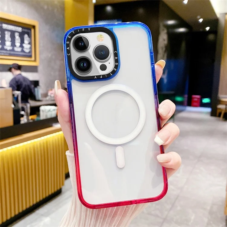 Acheter en Vrac Pour L'iphone 15 Pro Max Case Compatible Avec Magsafe pc + Tpu + Tpe Téléphone - Gradient Bleu + Rouge