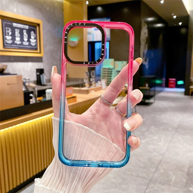 Оболочная Покупка Для Iphone 15 Pro Max Case Anti-Scratch PC+TPU+TPE Clear Back Cover - Градиент Розовый+голубой