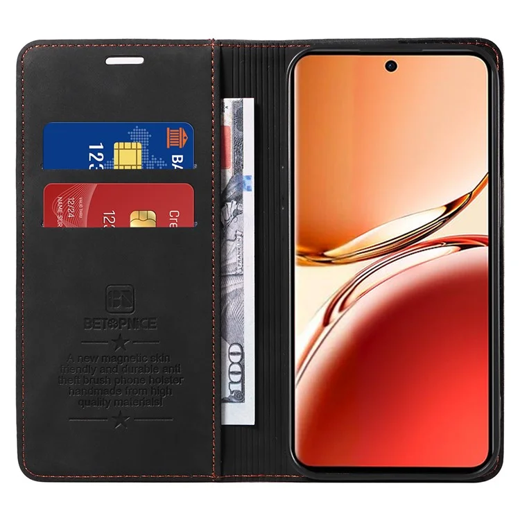 Betopnice 003 Pour Oppo Reno12 F 4G Portefeuille Étui en Cuir Couverture de Téléphone Avec Support - Noir