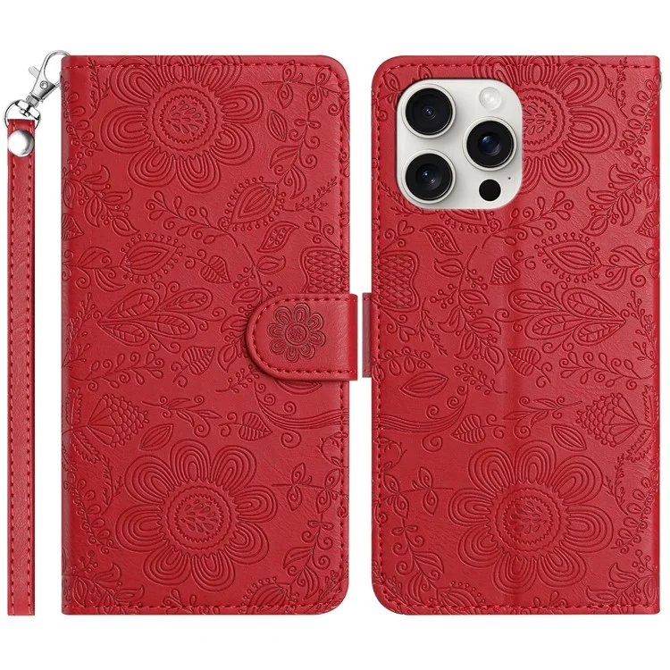 Para Iphone 16 Pro Max Case Flower Impresión Flip Flip Flip Willet Cover Con Correa de Muñeca - Rojo