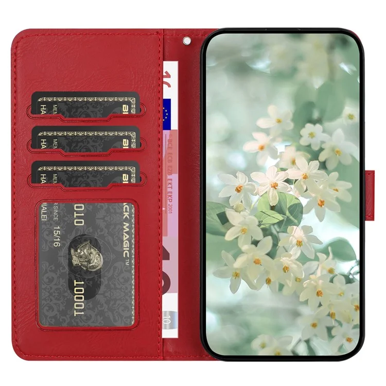 Para Iphone 16 Pro Max Case Flower Impresión Flip Flip Flip Willet Cover Con Correa de Muñeca - Rojo