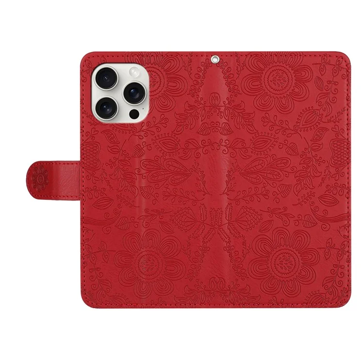 Para Iphone 16 Pro Max Case Flower Impresión Flip Flip Flip Willet Cover Con Correa de Muñeca - Rojo