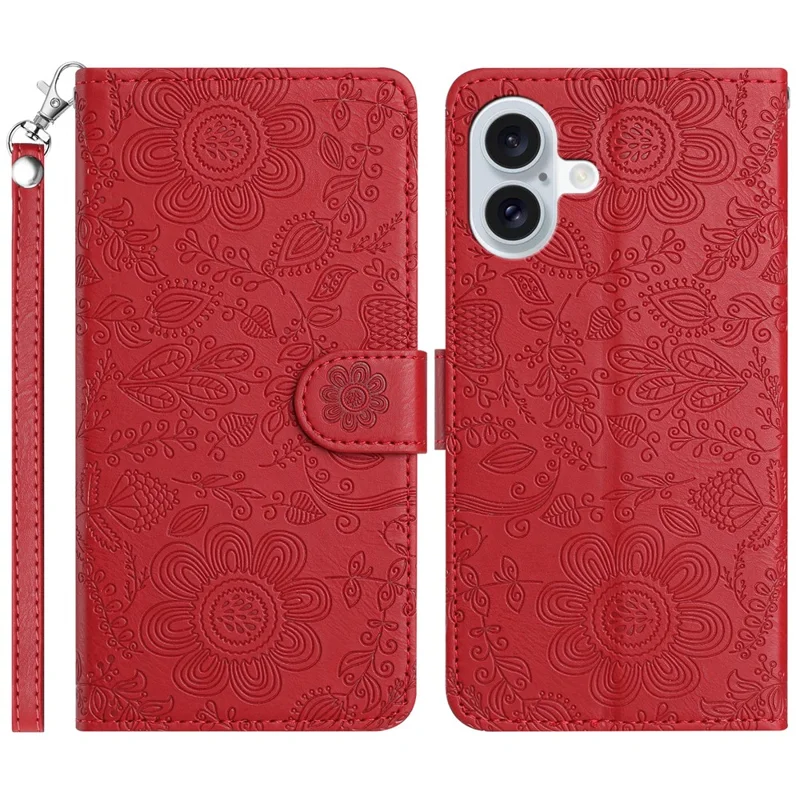 Para Iphone 16 Case Flower Imprime Leather Flip Wallet Tampo Com Pulseira de Pulso - Vermelho