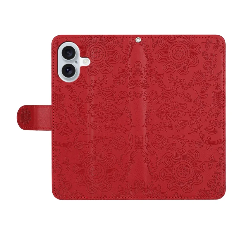 Para Iphone 16 Case Flower Imprime Leather Flip Wallet Tampo Com Pulseira de Pulso - Vermelho