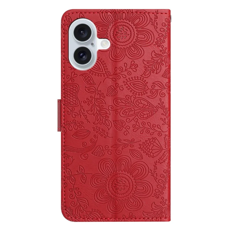 Para Iphone 16 Case Flower Imprime Leather Flip Wallet Tampo Com Pulseira de Pulso - Vermelho