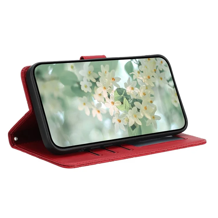 For iPhone 16e Case Flower Imprint Leather Flip Wallet Phone Cover with Wrist Strap - Red