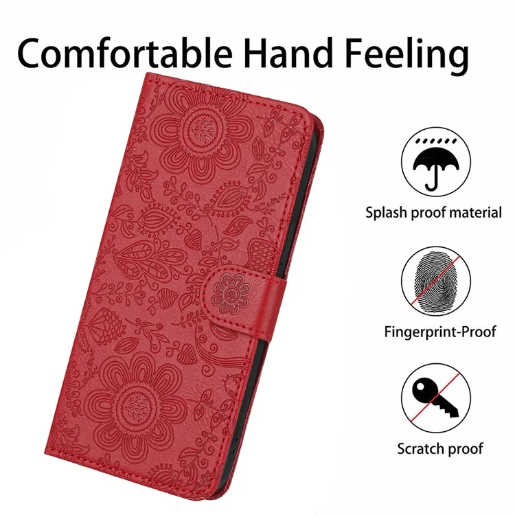For iPhone 16e Case Flower Imprint Leather Flip Wallet Phone Cover with Wrist Strap - Red