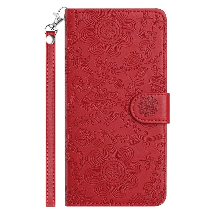 For iPhone 16e Case Flower Imprint Leather Flip Wallet Phone Cover with Wrist Strap - Red