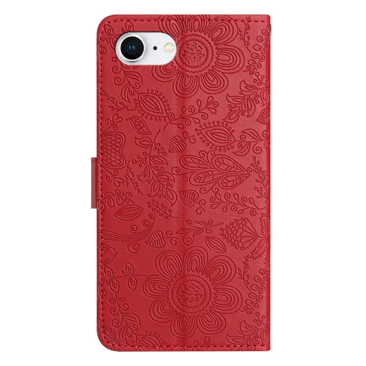 For iPhone 16e Case Flower Imprint Leather Flip Wallet Phone Cover with Wrist Strap - Red
