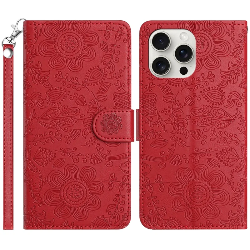 Per Iphone 14 Pro Max Case Flower Impronta Flip Flip Wallet Cover Con Cinturino da Polso - Rosso