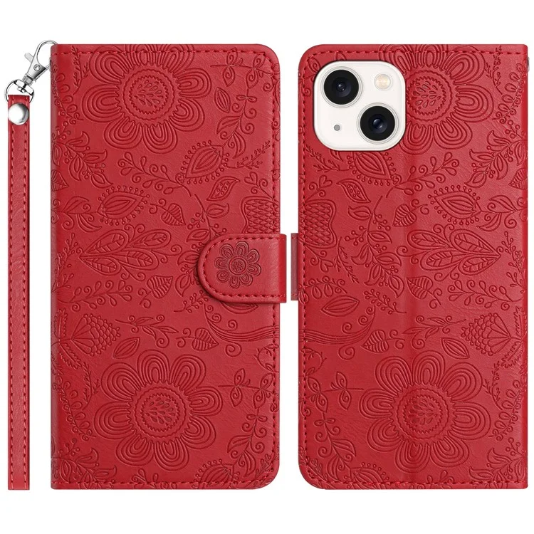 Para Iphone 15 Case Flower Impresión Flip Flip Willet Telep Cortada Con Correa de Muñeca - Rojo