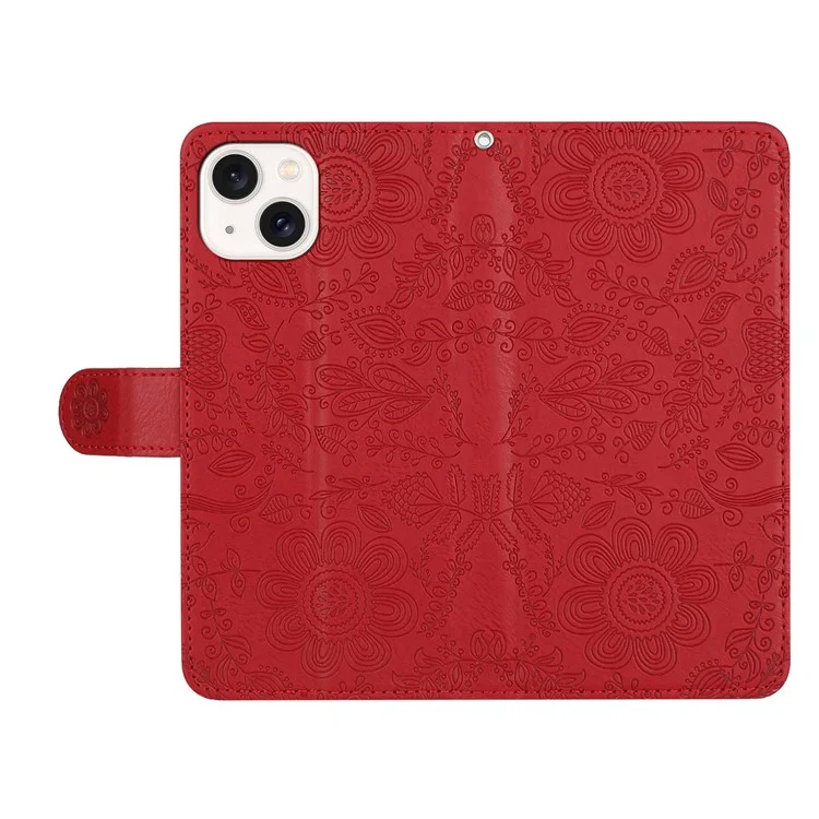 Para Iphone 15 Case Flower Impresión Flip Flip Willet Telep Cortada Con Correa de Muñeca - Rojo