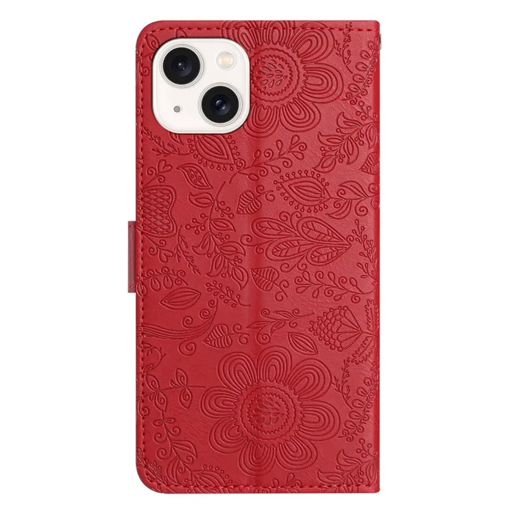 Para Iphone 15 Case Flower Impresión Flip Flip Willet Telep Cortada Con Correa de Muñeca - Rojo