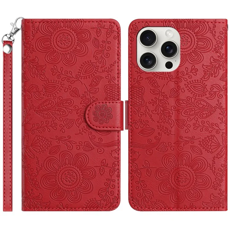 Pour Iphone 14 Pro Case de Fleur D'empreinte en Cuir en Cuir Couvercle de Téléphone Avec Bracelet de Poignet - Rouge