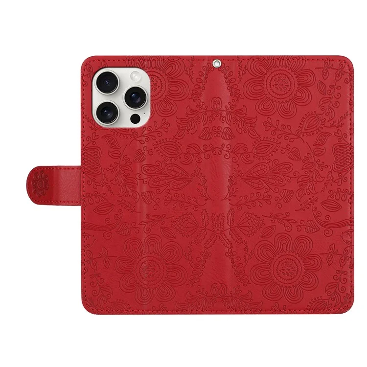 Pour Iphone 14 Pro Case de Fleur D'empreinte en Cuir en Cuir Couvercle de Téléphone Avec Bracelet de Poignet - Rouge