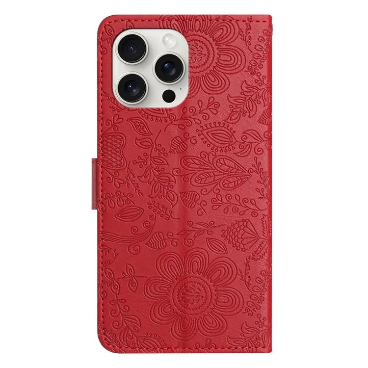 Pour Iphone 14 Pro Case de Fleur D'empreinte en Cuir en Cuir Couvercle de Téléphone Avec Bracelet de Poignet - Rouge