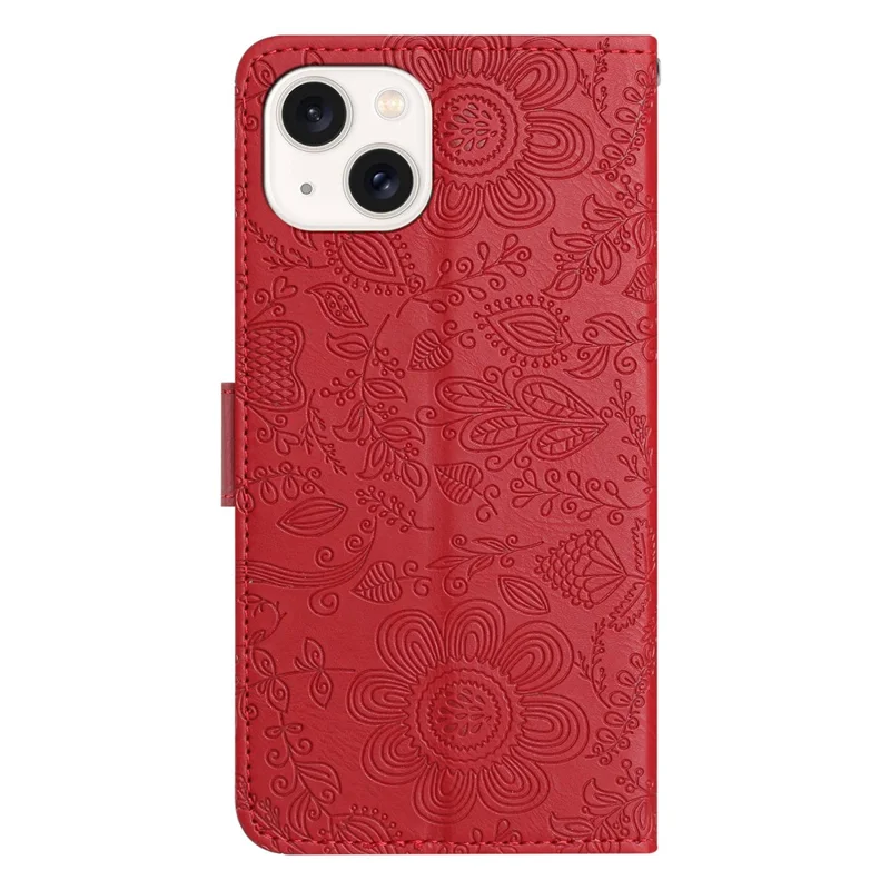 For iPhone 14 / 13 Case Flower Imprint Leather Flip Wallet Phone Cover with Wrist Strap - Red
