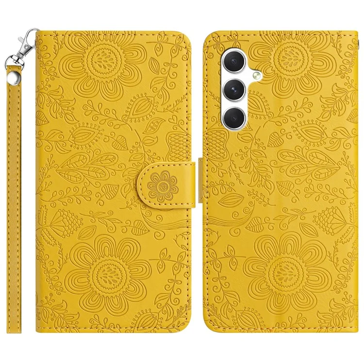 Pour Samsung Galaxy A55 5G Case Florie Impression Curture Couverture du Pepellet Courth Avec Strap - Jaune