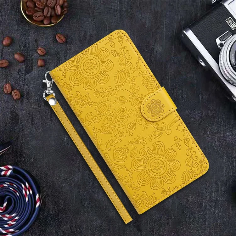 Pour Samsung Galaxy A55 5G Case Florie Impression Curture Couverture du Pepellet Courth Avec Strap - Jaune