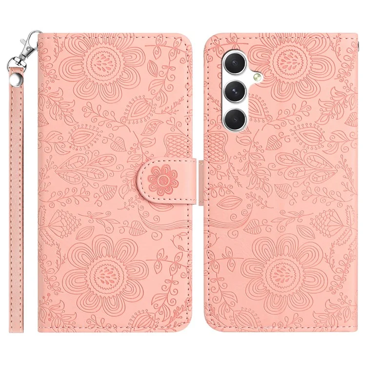 For Samsung Galaxy A15 4G / 5G Case Flower Imprint Leather Flip Wallet Phone Cover with Wrist Strap - Pink