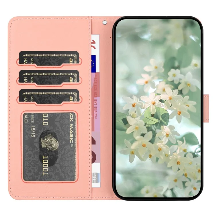 For Samsung Galaxy A15 4G / 5G Case Flower Imprint Leather Flip Wallet Phone Cover with Wrist Strap - Pink