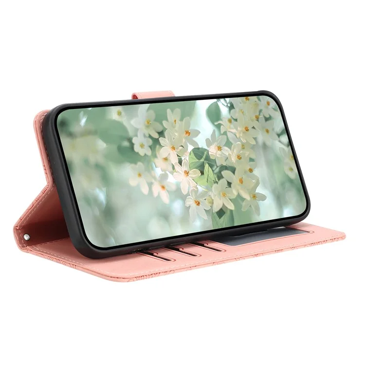 For Samsung Galaxy A15 4G / 5G Case Flower Imprint Leather Flip Wallet Phone Cover with Wrist Strap - Pink