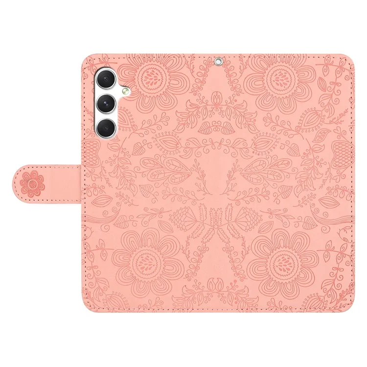 For Samsung Galaxy A15 4G / 5G Case Flower Imprint Leather Flip Wallet Phone Cover with Wrist Strap - Pink
